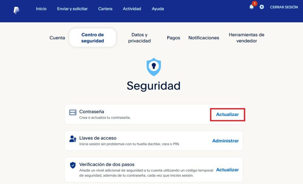 Cambiar contraseña de PayPal