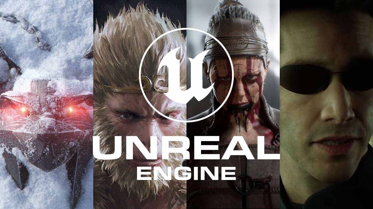 Collage de imágenes de varios videojuegos desarrollados con Unreal Engine 5, incluyendo Hellblade 2 y Black Myth: Wukong.