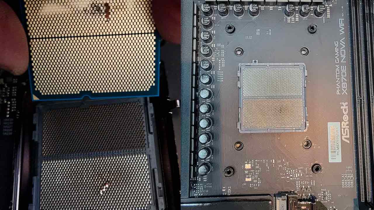 Procesador AMD Ryzen 9 9000X3D series al lado de socket AM5 de una placa base ASRock, mostrando daños en ambos debido al sobrevoltaje.