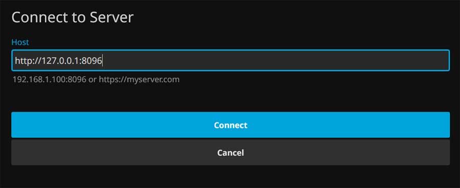Pantalla de inicio de la aplicación cliente de Jellyfin solicitando al usuario que introduzca la dirección del servidor para conectarse