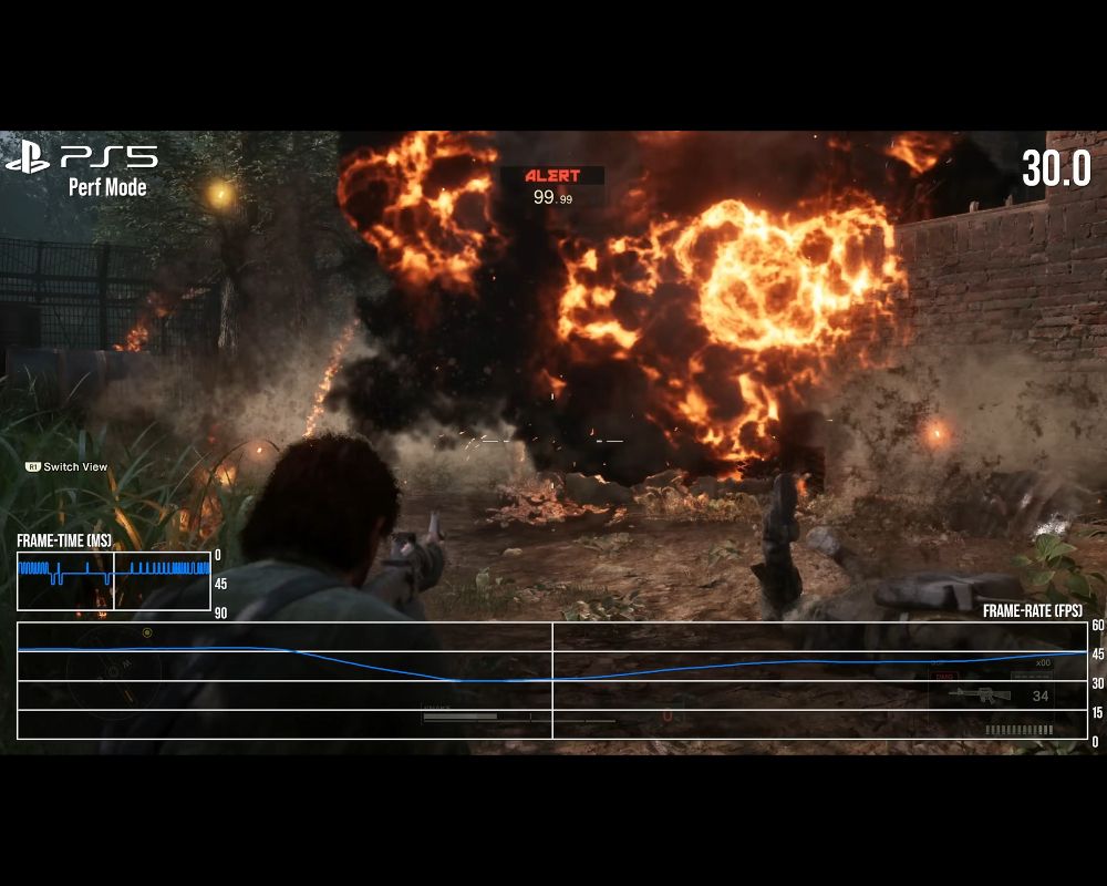 Caída de fotogramas a 30 FPS en Metal Gear Solid Delta en una PS5 en modo Rendimiento durante una explosión.