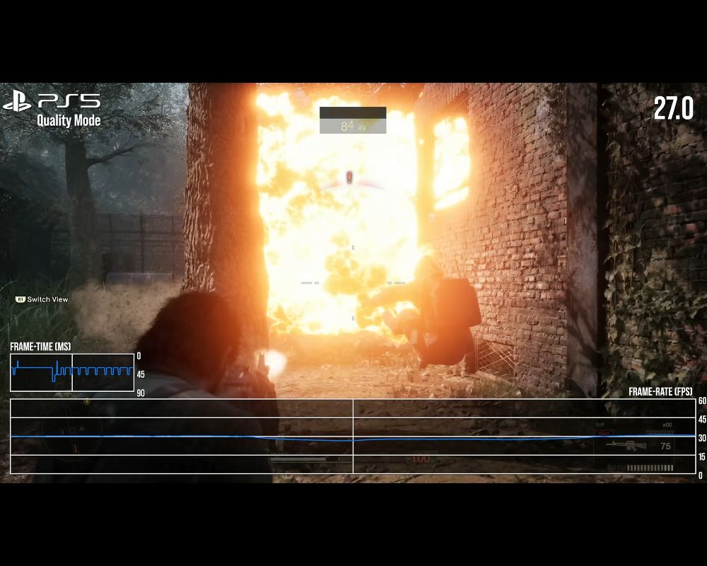 Bajón de rendimiento a 27 FPS en Metal Gear Solid Delta en una PS5 en modo Calidad.