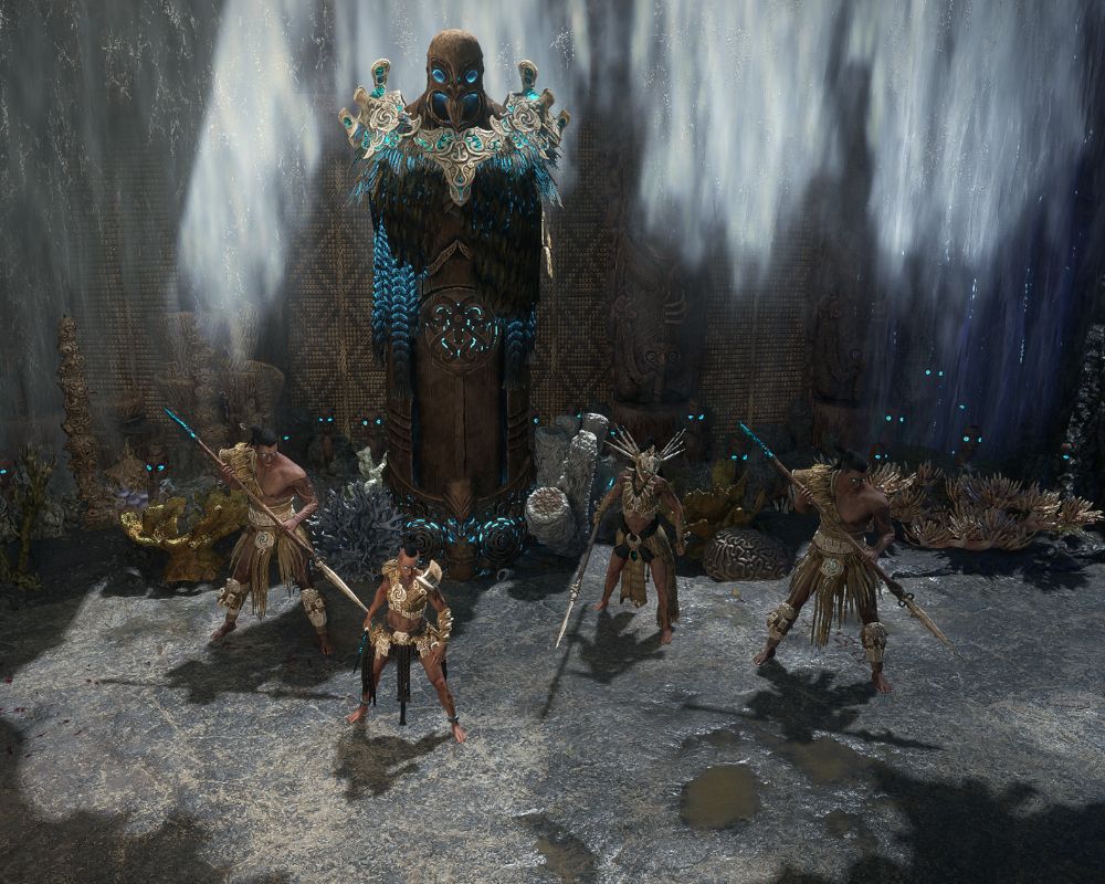 Grupo de NPCs del archipiélago Karui en Path of Exile 2, con vestimentas tribales y armaduras.