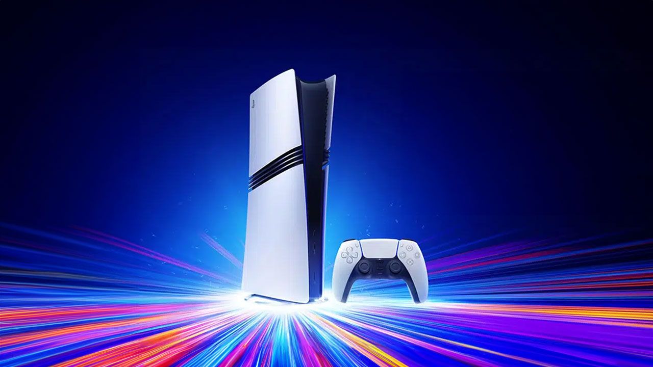 Consola PlayStation 5 Pro de perfil sobre fondo colorido, mostrando su diseño y ranuras de ventilación