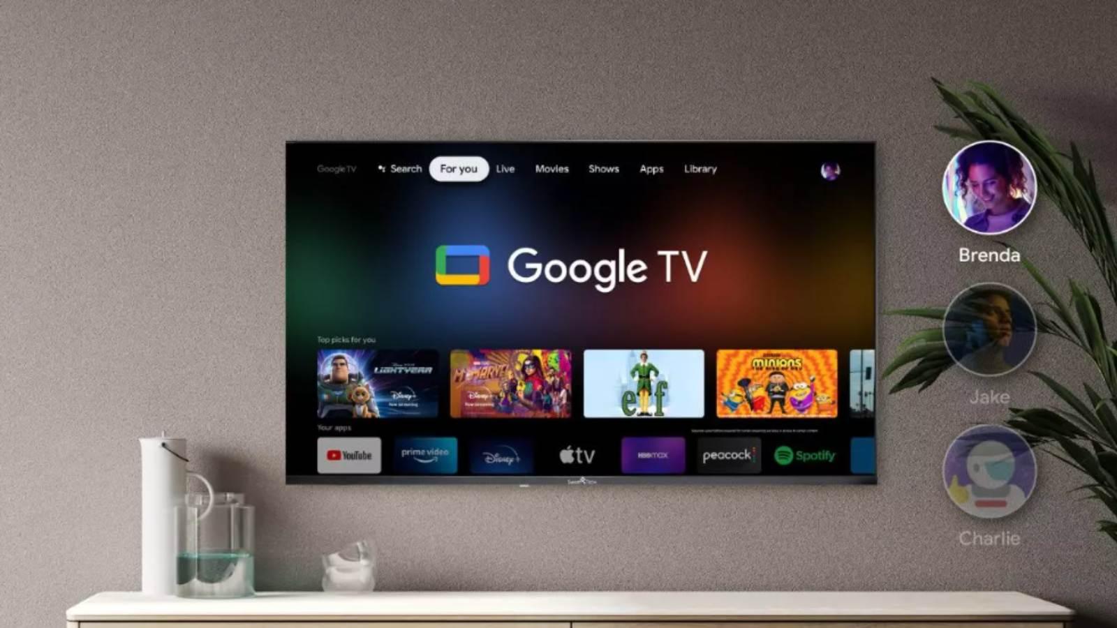 Interfaz de usuario de Google TV en una Smart TV de 2025, mostrando el menú principal con aplicaciones recomendadas como Netflix, YouTube y Prime Video