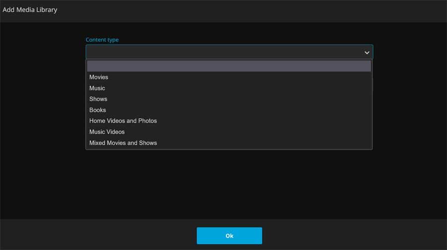 Ventana para seleccionar el tipo de contenido de una nueva biblioteca en Jellyfin, con opciones como Películas, Series, Música y Libros