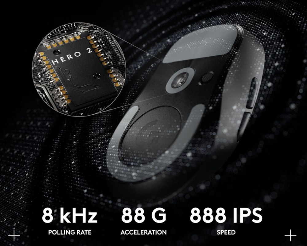 Especificaciones del sensor Logitech Hero 2 para el ratón X Superlight 2c, mostrando 44.000 DPI y 888 IPS.