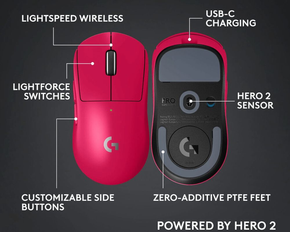 Resumen de características adicionales del Logitech X Superlight 2c, incluyendo batería de 95 horas y pies de PTFE.