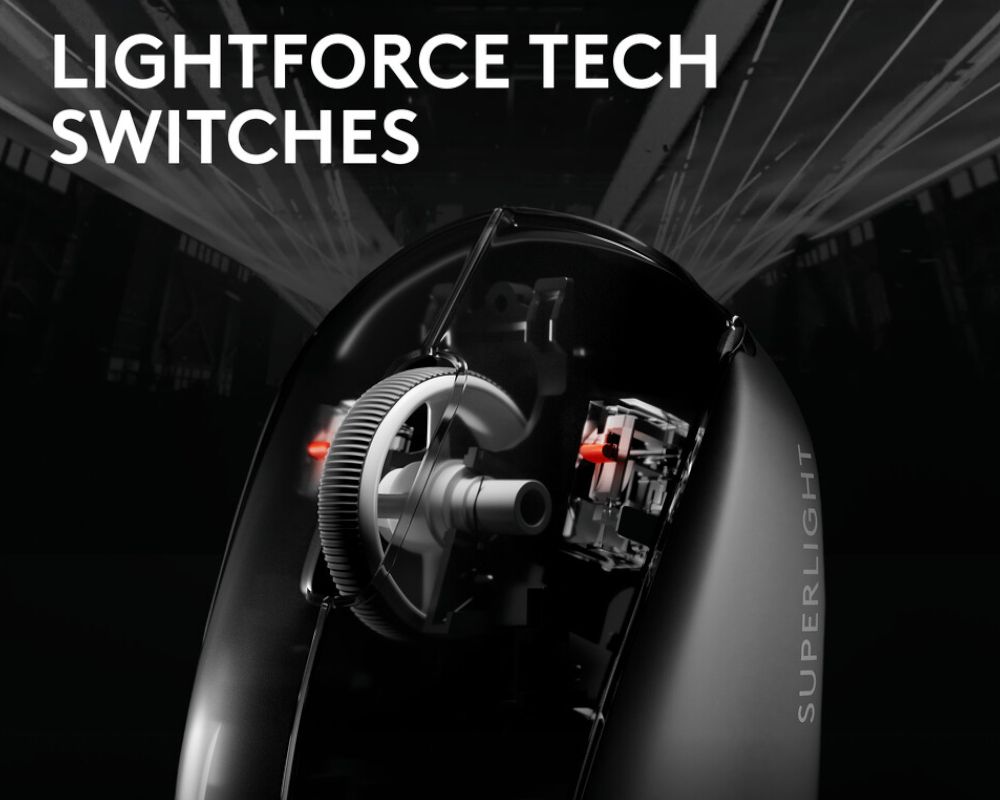 Imagen filtrada que detalla el uso de switches ópticos LightForce en el ratón Logitech X Superlight 2c.