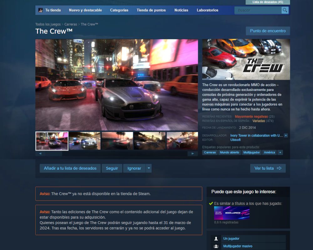 Captura de la biblioteca de Steam mostrando el juego The Crew con un aviso que indica que ya no está disponible para jugar.