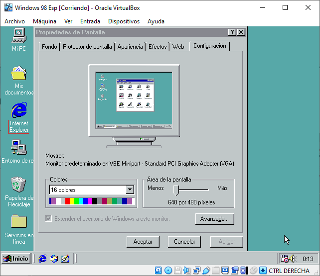 Paleta de colores Windows 98 con VirtualBox