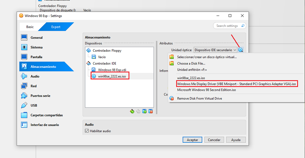 Instalar drivers gráficos Windows 98 en VirtualBox