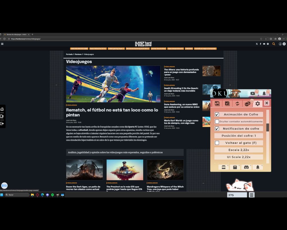 Un gato de dibujos animados, Bongo Cat, golpeando la barra de tareas de Windows, una animación que se activa con los clics del usuario.
