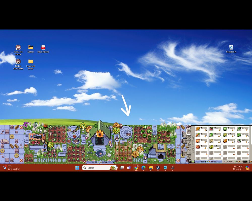 El juego de gestión de granjas Rusty’s Retirement ocupando una franja vertical en el lateral de la pantalla, permitiendo jugar mientras se usa otra aplicación.