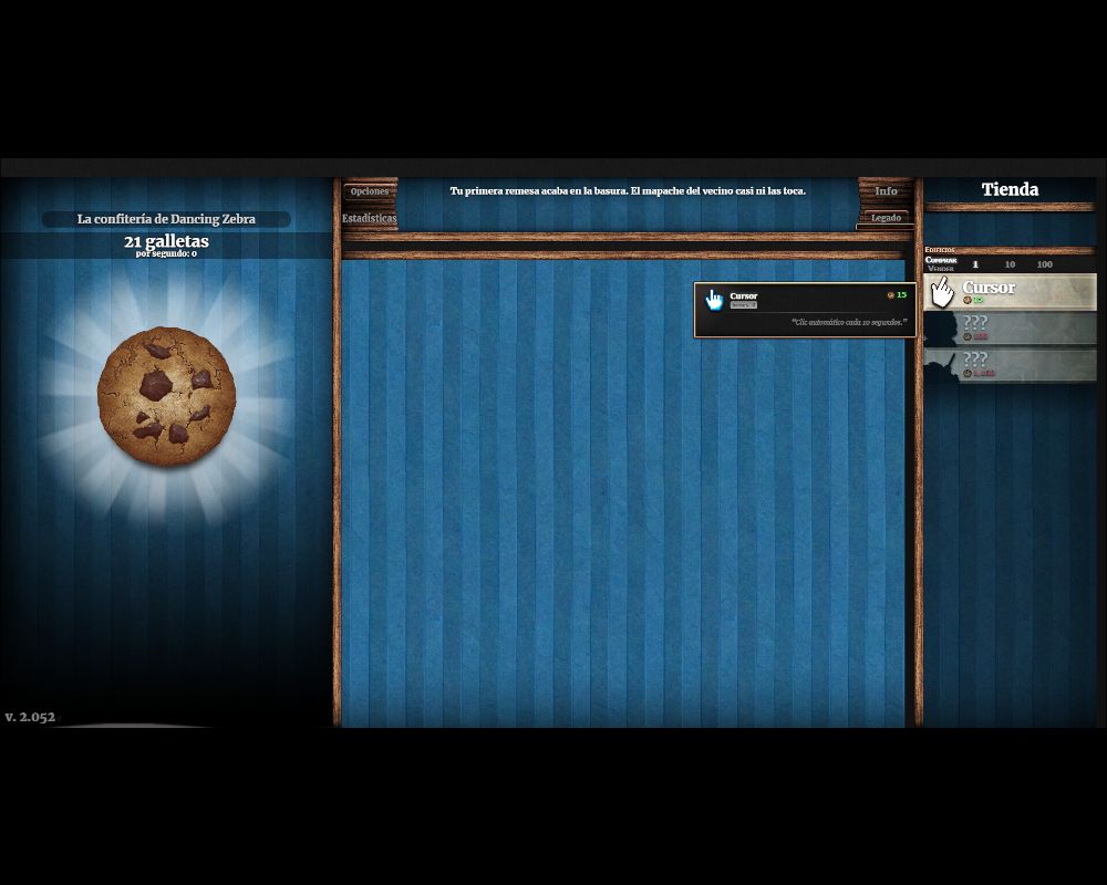 Interfaz del juego Cookie Clicker mostrando el contador de galletas por segundo y la tienda de mejoras, elementos típicos de los juegos idle.