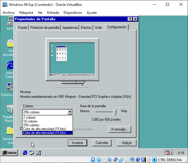 Paleta de colores Windows 98 con VirtualBox