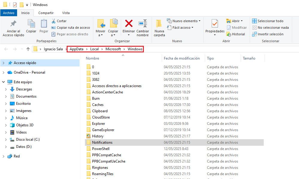 Carpeta notificaciones de Windows