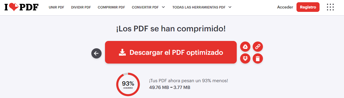Interfaz de iLovePDF confirmando que los archivos se han comprimido, con un botón rojo para descargar el archivo optimizado tras una reducción del 93% de peso.