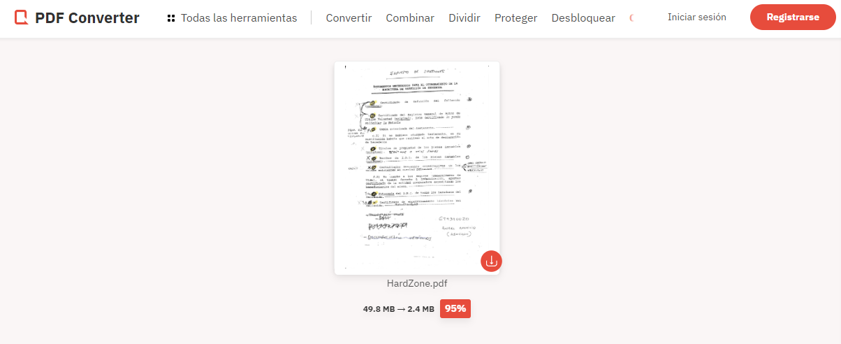 Interfaz de la herramienta online PDF Converter mostrando un archivo PDF procesado con una reducción de tamaño del 93 por ciento.