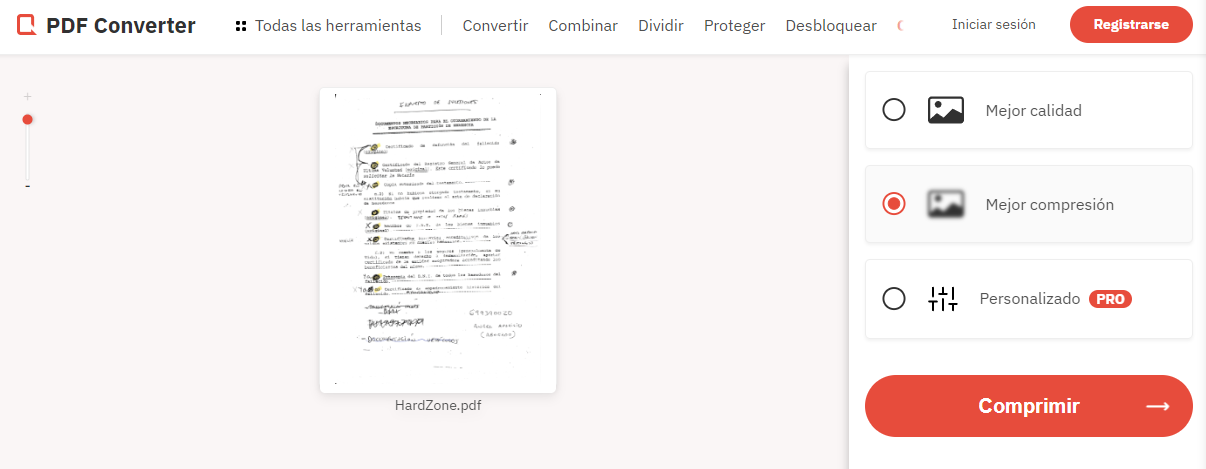 Interfaz de la herramienta PDF Converter mostrando las opciones de compresión para un archivo de texto seleccionado.