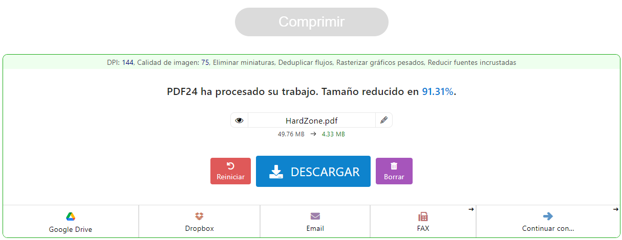 Interfaz de PDF24 mostrando el resultado de una compresión de archivo PDF con una reducción de tamaño del 91,31% y botones de descarga.