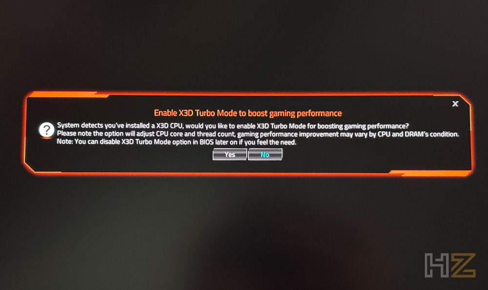 Cuadro de diálogo en pantalla para activar el modo X3D Turbo Mode en un sistema con procesador AMD Ryzen para mejorar el rendimiento en juegos.