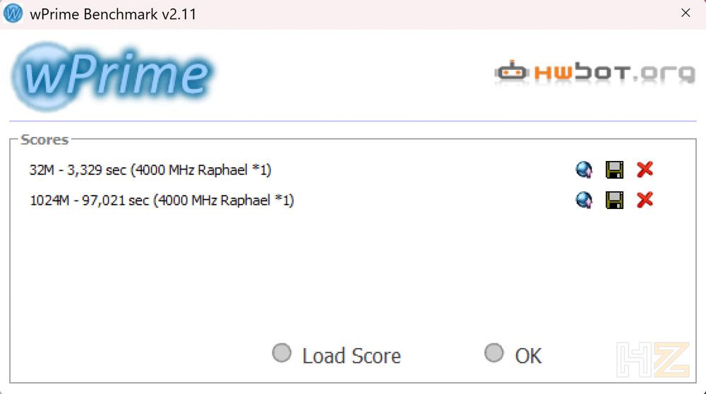 Interfaz del programa wPrime Benchmark v2.11 con resultados de pruebas 32M y 1024M para un procesador arquitectura Raphael a 4000 MHz.