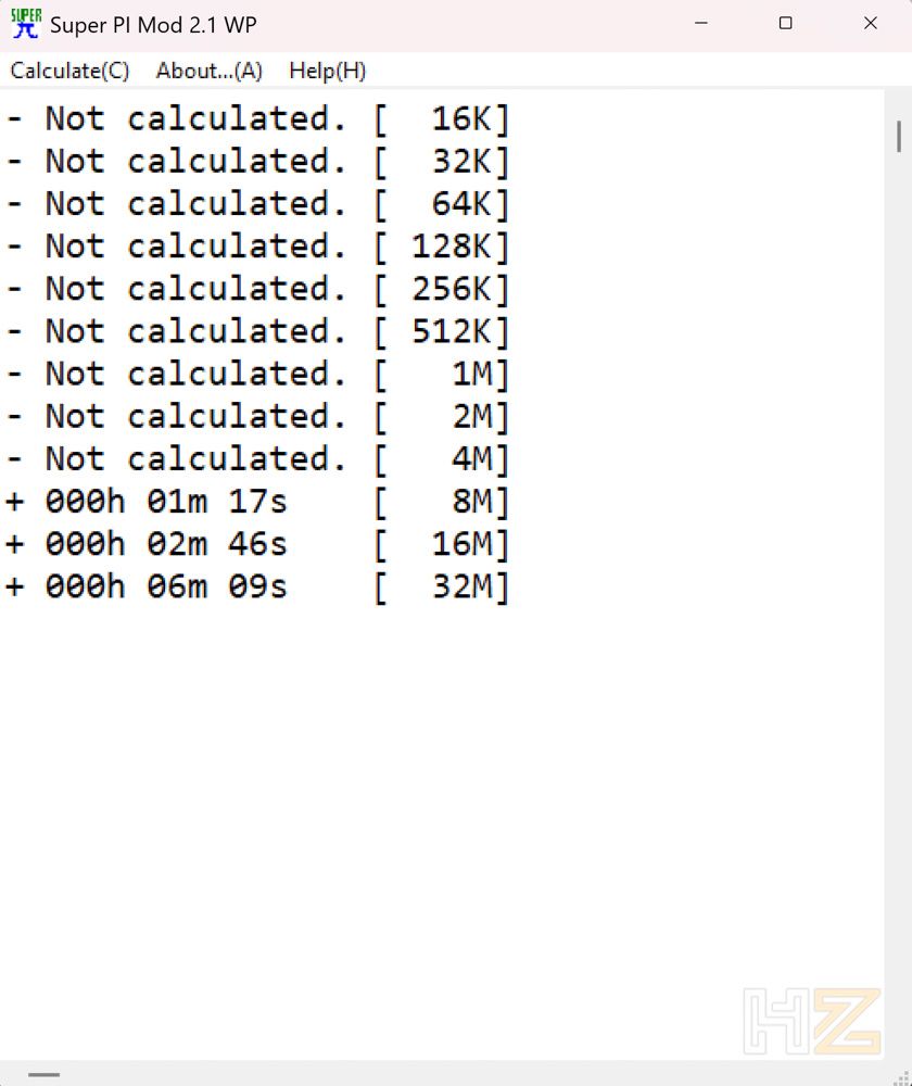 Interfaz del software Super PI Mod 2.1 WP mostrando resultados de pruebas de rendimiento con tiempos para cálculos de 8M, 16M y 32M.