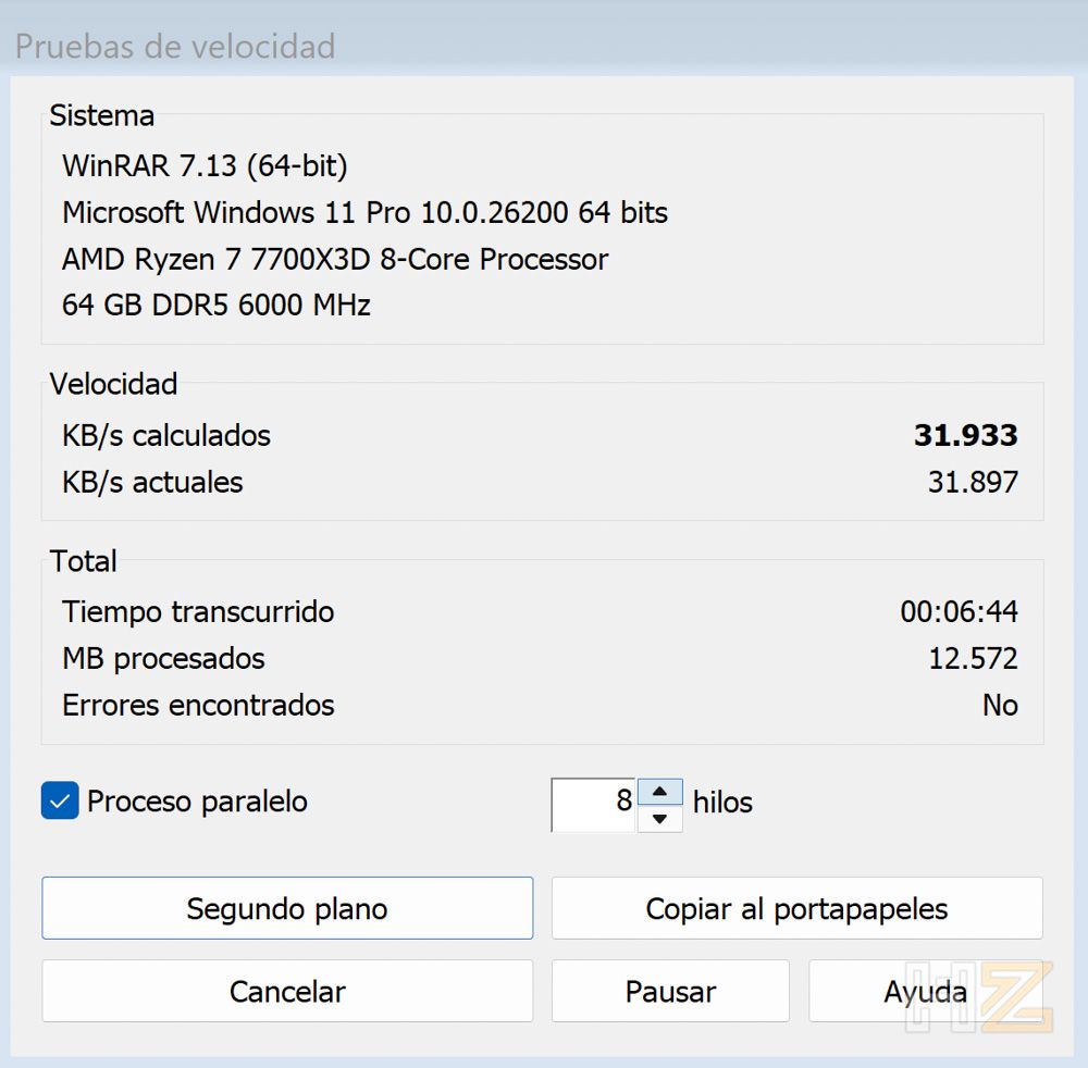 Captura de pantalla de la prueba de velocidad de WinRAR 7.13 ejecutada en un procesador AMD Ryzen 7 7700X3D con 64 GB de memoria RAM DDR5.