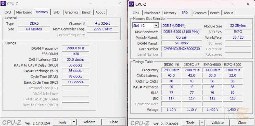 Captura de pantalla de CPU-Z mostrando las pestañas de memoria y SPD con detalles de RAM DDR5 de 64 GB y perfiles AMD EXPO.