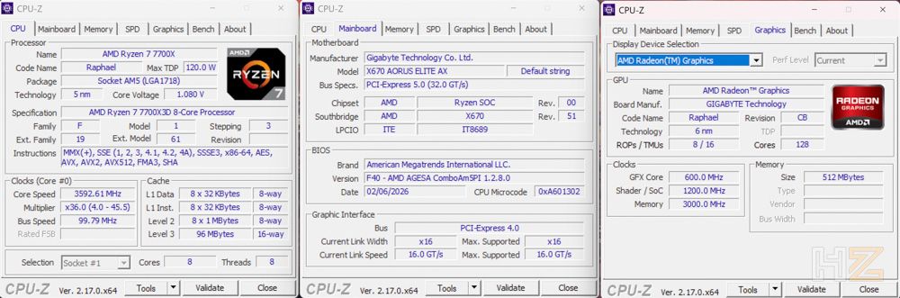 Tres capturas de pantalla de la utilidad CPU-Z que muestran las especificaciones técnicas, información de la placa base y gráficos del procesador AMD Ryzen 7 7700X3D.