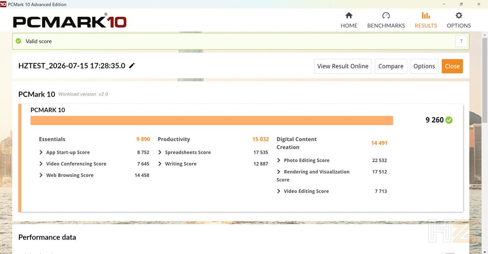 Captura de pantalla de la interfaz de PCMark 10 mostrando una puntuación general de 9.260 puntos en una prueba de rendimiento de sistema.