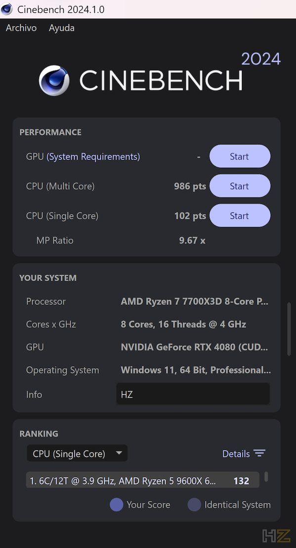 Captura de pantalla de la interfaz de Cinebench 2024 mostrando el rendimiento de un procesador AMD Ryzen 7 7700X3D con puntuaciones en multinúcleo y núcleo único.