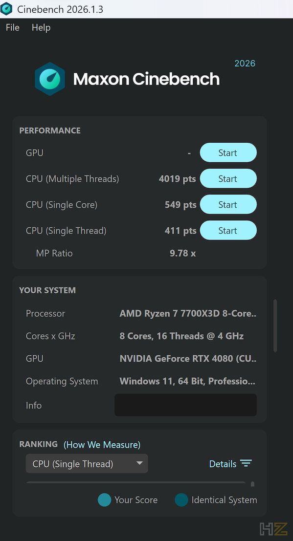 Captura de pantalla de Maxon Cinebench 2026 mostrando resultados de rendimiento para un procesador AMD Ryzen 7 7700X3D con 4019 puntos en multinúcleo y 411 en mononúcleo.