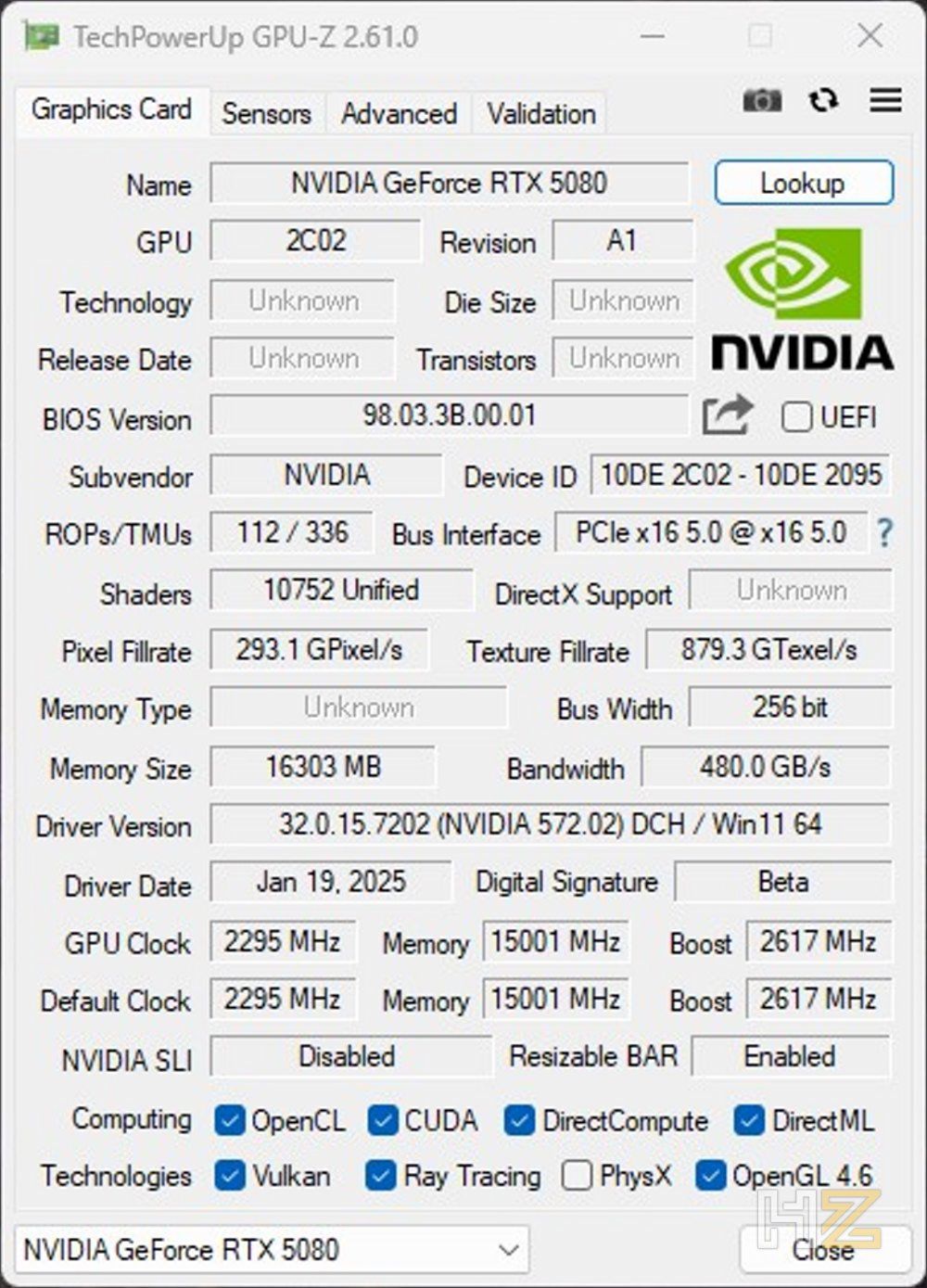 Captura GPU-Z de la RTX 5080 FE