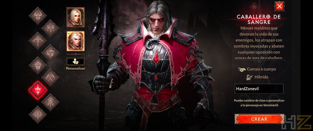 Menú de selección de personaje en Diablo Immortal mostrando la clase Caballero de Sangre con armadura roja y negra.