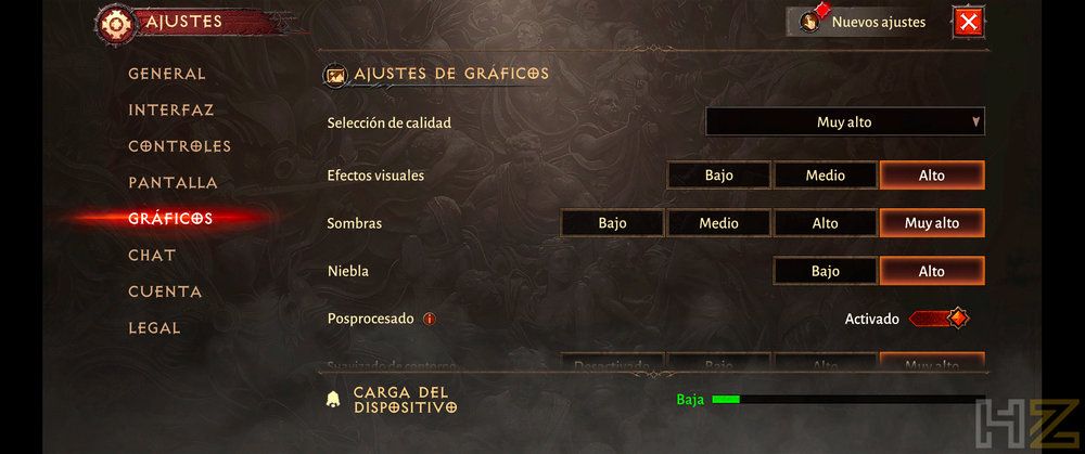 Menú de ajustes de gráficos en Diablo Immortal mostrando opciones de calidad, sombras y efectos visuales.