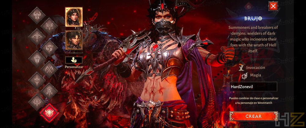 Menú de creación de personaje de la clase Brujo en Diablo Immortal con armadura detallada sobre fondo rojizo.