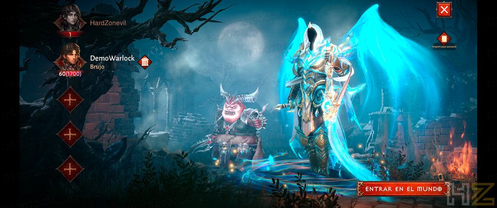 Menú de selección de personajes en Diablo Immortal con un guerrero alado resplandeciente en un entorno gótico nocturno.