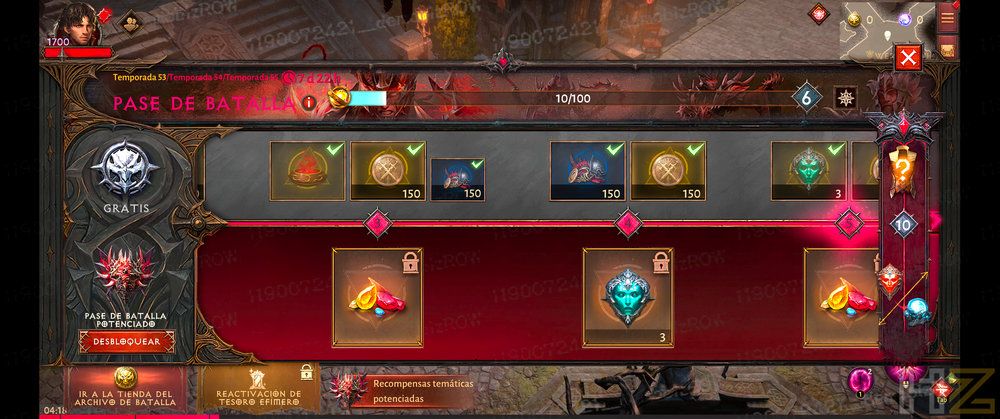 Interfaz del pase de batalla de Diablo Immortal mostrando las recompensas de los niveles gratuitos y potenciados.
