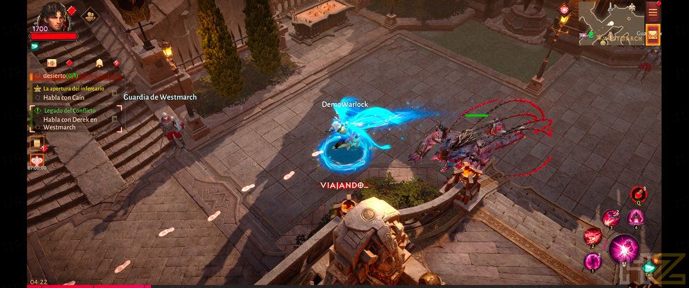 Personaje de Diablo Immortal utilizando una habilidad de aura azul en una plaza empedrada con escaleras.