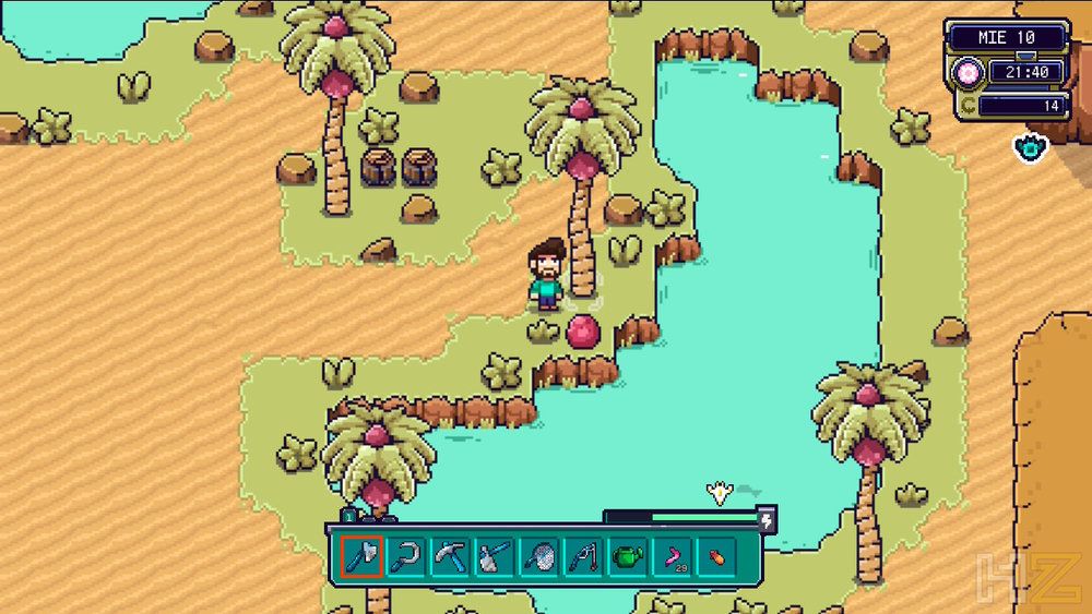 Personaje junto a un oasis rodeado de palmeras y desierto en un videojuego de estética pixel art.