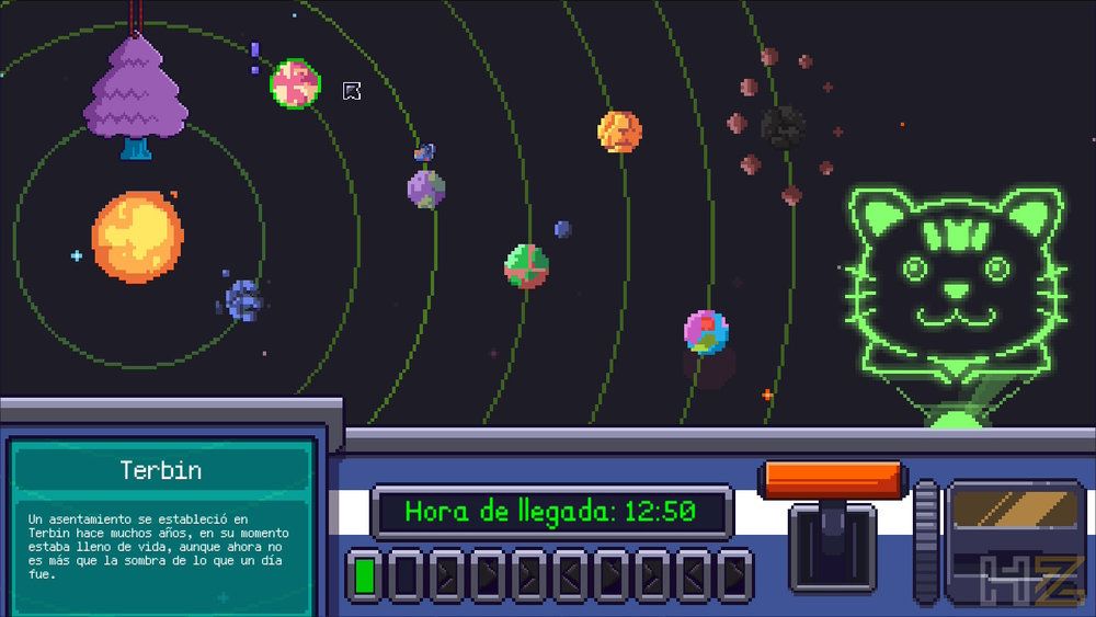 Interfaz de navegación espacial en arte pixelado con un mapa de planetas, un holograma de gato verde y panel de control con texto sobre el planeta Terbin.