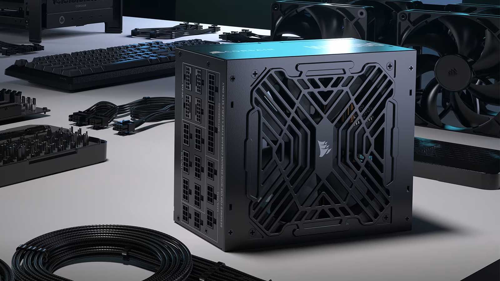 Fuente de alimentación profesional Corsair AX3000i de 3000W mostrando sus múltiples conectores, diseñada para workstations de alto rendimiento.