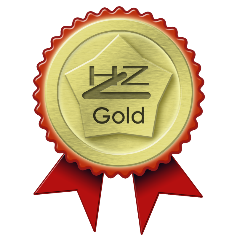 Medalla de oro con diseño estrellado, borde rojo y cinta, con texto HZ y Gold.