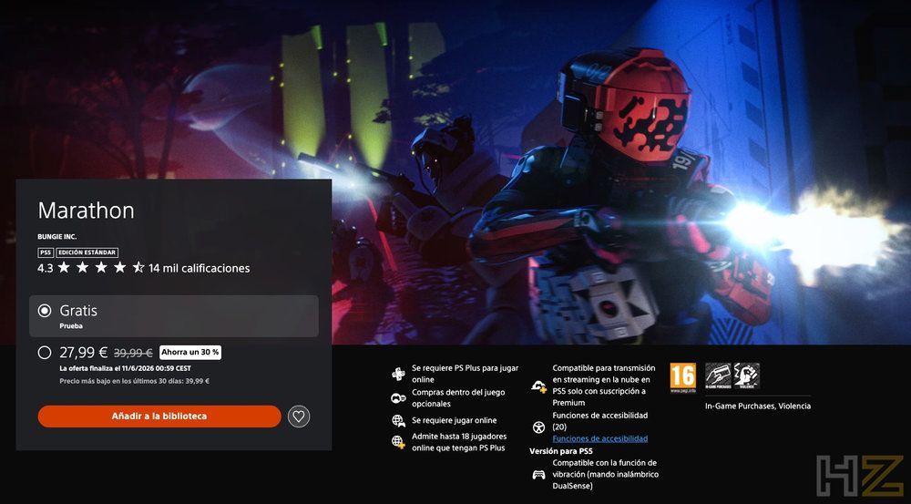 Interfaz de la tienda online de PlayStation mostrando la ficha del videojuego Marathon con opciones de precio y descarga.