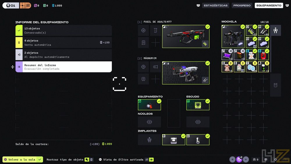 Interfaz de gestión de inventario y equipamiento en el videojuego Marathon, mostrando armas, módulos e informes de objetivos sobre un fondo oscuro.