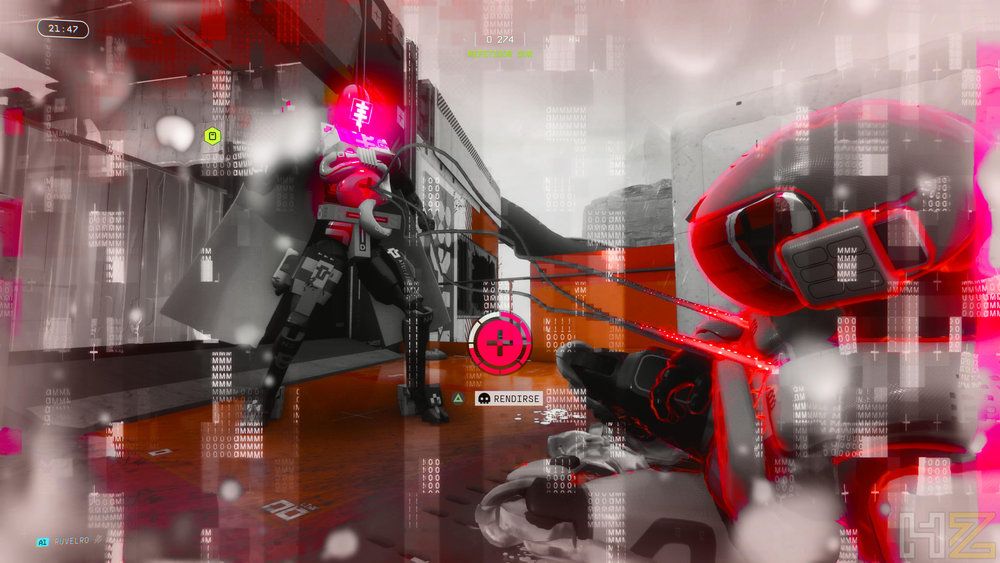 Primer plano de un combate en el videojuego Marathon con efectos visuales de glitch y tonos rojos intensos mientras un personaje apunta a un enemigo abatido.