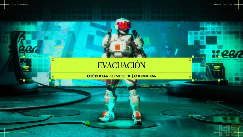 Personaje con armadura futurista blanca frente a una pantalla con el mensaje de evacuación en el videojuego Marathon.