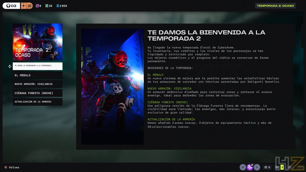 Interfaz de bienvenida a la Temporada 2 de un videojuego con detalles sobre nuevos mapas, modos y actualizaciones de equipamiento.